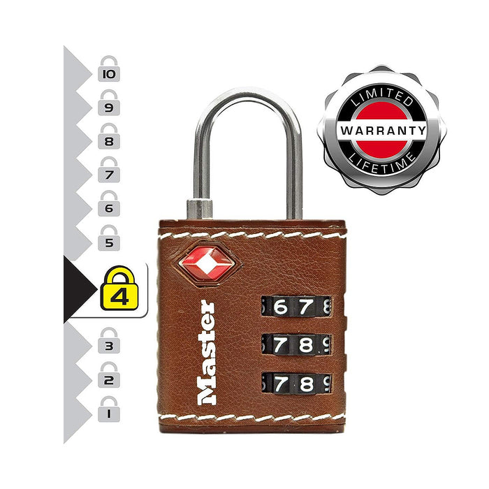 Ổ khóa số mini Master Lock 4692DBRN cao cấp đạt chuẩn TSA, thân khóa bằng kim loại được bọc da 30mm, 3 cọc số