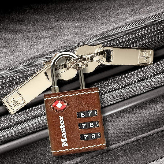 Ổ khóa số mini Master Lock 4692DBRN cao cấp đạt chuẩn TSA, thân khóa bằng kim loại được bọc da 30mm, 3 cọc số