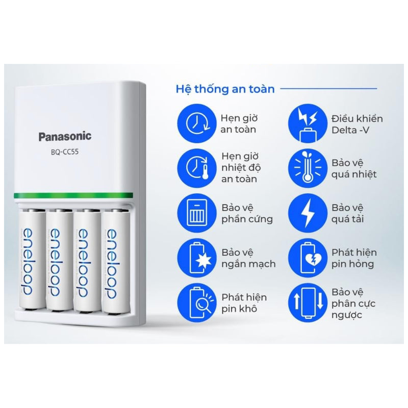 Bộ sạc pin nhanh cao cấp Panasonic K-KJ55MCC40T có đèn báo, kèm 4 pin AA dung lượng 2000mAh