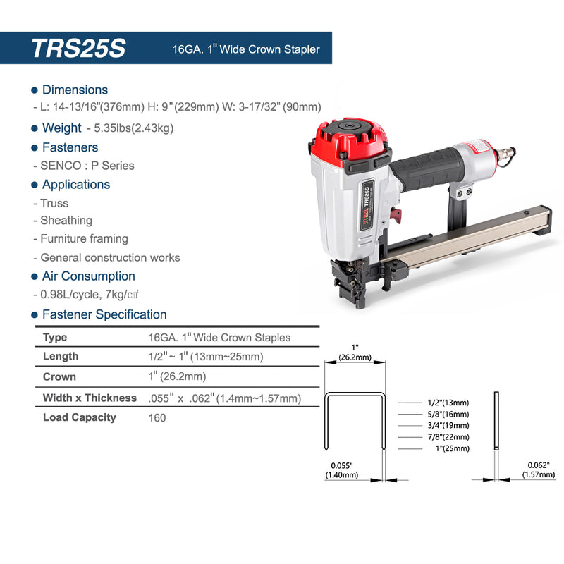 Máy bắn đinh U dùng khí nén JITOOL TRS25S, kích thước đinh 13mm - 25mm (Chiều rộng đinh 26.2mm), cỡ đinh 16Ga