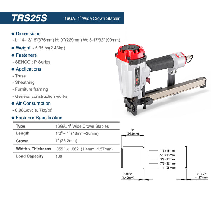Máy bắn đinh U dùng khí nén JITOOL TRS25S, kích thước đinh 13mm - 25mm (Chiều rộng đinh 26.2mm), cỡ đinh 16Ga