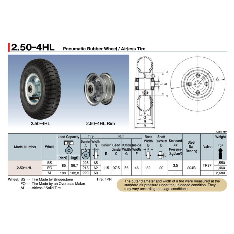 Bánh xe rời Ukai 2.50-4HL bánh cao su dùng hơi và bánh đặc, đường kính từ 218mm - 225mm