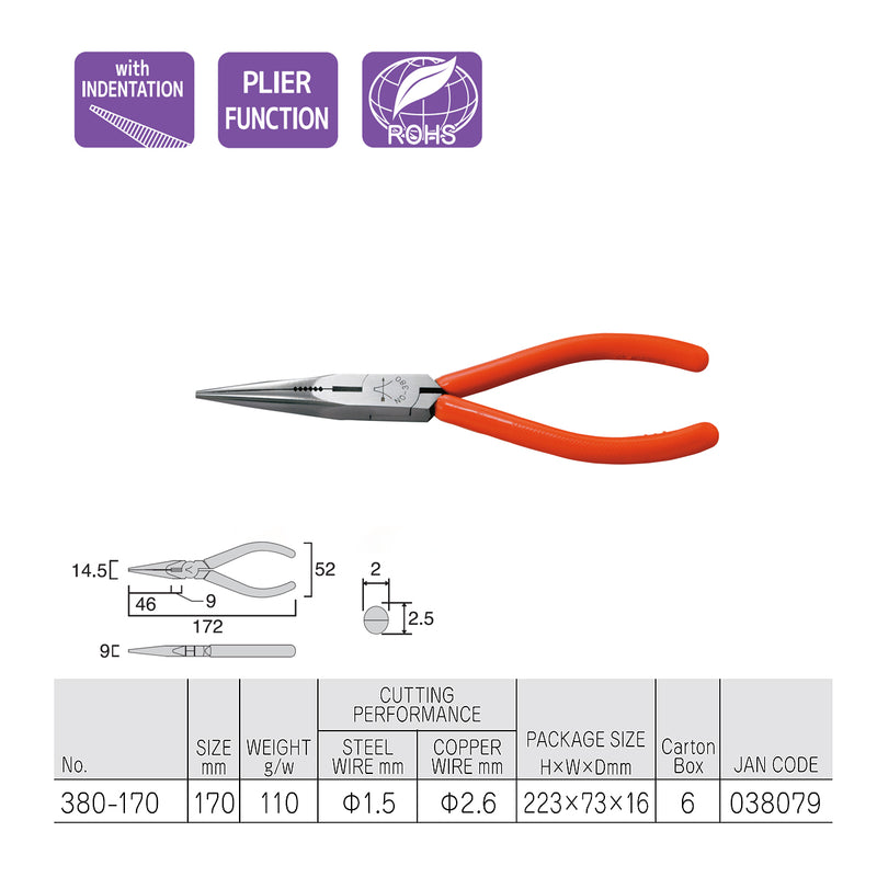 Kìm mũi nhọn 170mm (6.7 inch) Fujiya 380-170. Tiêu chuẩn RoHS. Xuất xứ Nhật Bản