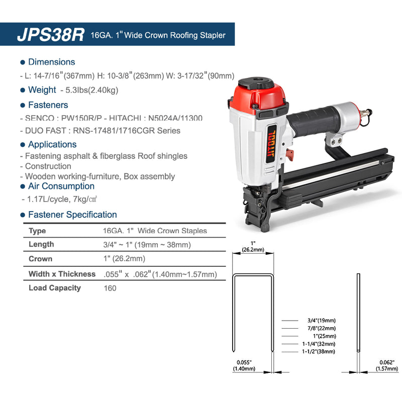 Máy bắn đinh U dùng khí nén JITOOL JPS38R, kích thước đinh 19mm - 38mm (Chiều rộng đinh 26.2mm) cỡ đinh 16Ga