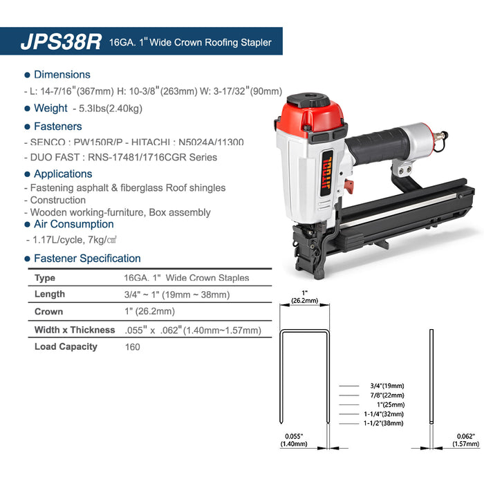 Máy bắn đinh U dùng khí nén JITOOL JPS38R, kích thước đinh 19mm - 38mm (Chiều rộng đinh 26.2mm) cỡ đinh 16Ga
