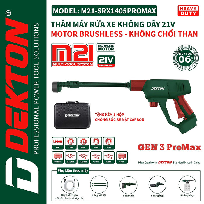 Máy xịt rửa Dekton M21-SRX1405PROMAX dùng pin 21V, công suất 450W, áp lực tối đa 55bar