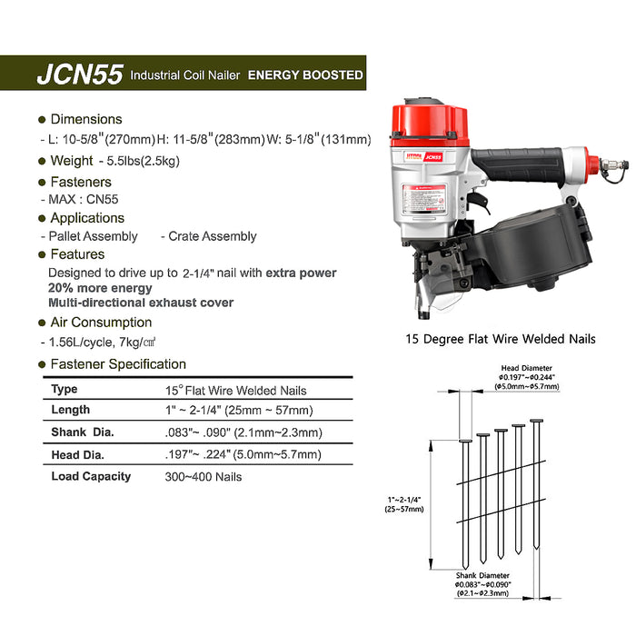 Máy bắn đinh cuộn dùng khí nén JITOOL JCN55, kích thước đinh 25mm - 57mm
