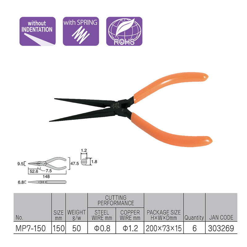 Kìm mũi nhọn kỹ thuật mini 150mm (6 inch) Fujiya MP7-150, có lò xo trợ lực. Tiêu chuẩn RoHS. Xuất xứ Nhật Bản