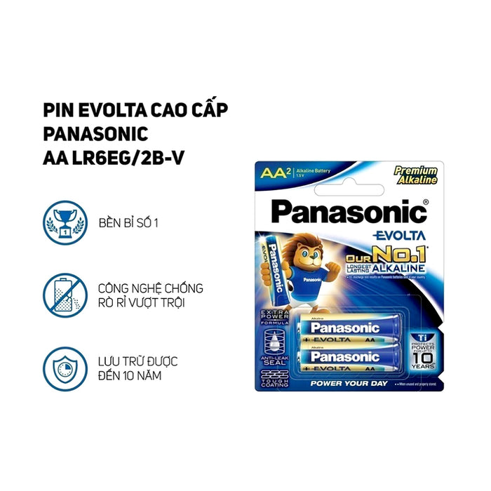 Pin cao cấp 1.5V Evolta Panasonic LR6EG/2B-V cỡ AA, chống rò rỉ, chuyên dùng cho thiết bị y tế, thiết bị có công xuất cao, vỉ 2 viên, xuất sứ Thái Lan