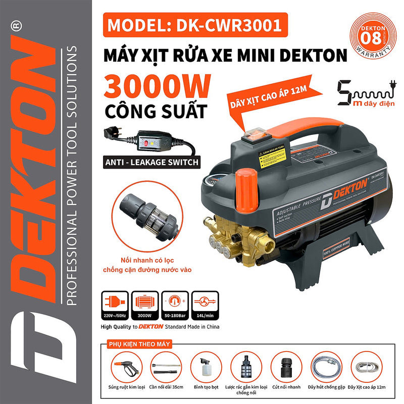 Máy xịt rửa chỉnh áp Dekton DK-CWR3001 công suất 3000W, áp lực tối đa 180bar