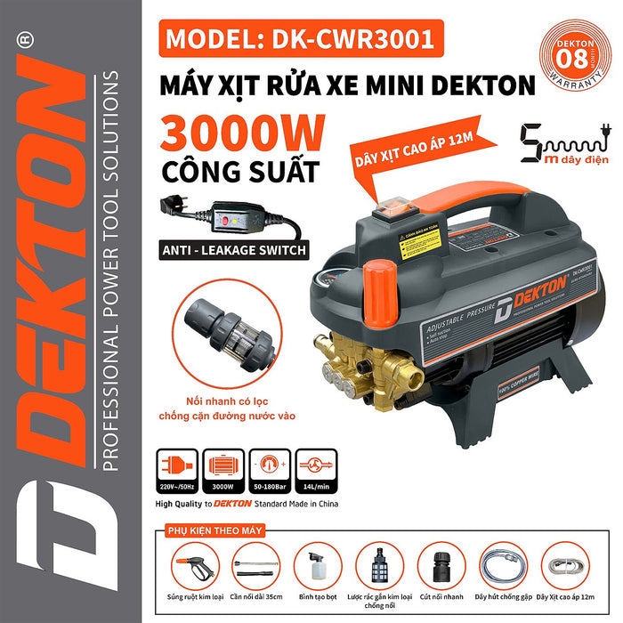 Máy xịt rửa chỉnh áp Dekton DK-CWR3001 công suất 3000W, áp lực tối đa 180bar
