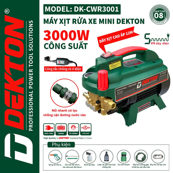 Máy xịt rửa chỉnh áp Dekton DK-CWR3001 công suất 3000W, áp lực tối đa 180bar