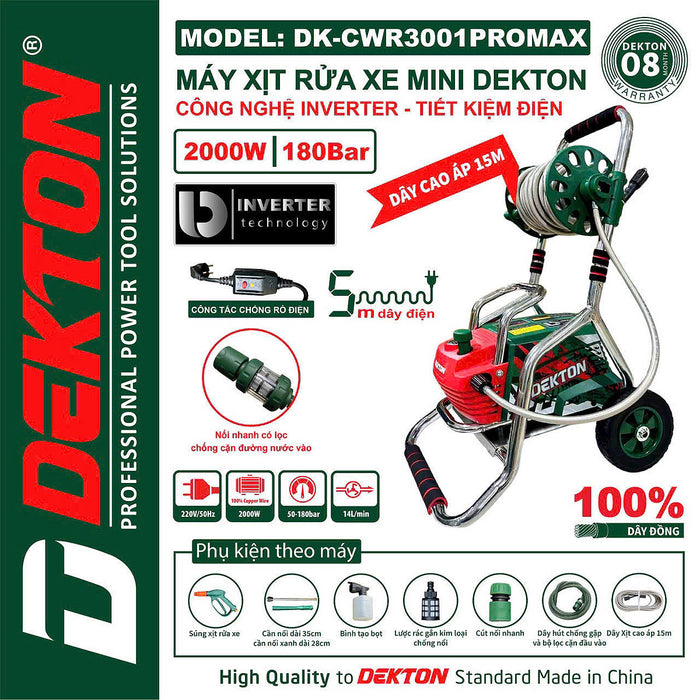 Máy xịt rửa chỉnh áp Dekton DK-CWR3001PROMAX khung kim loại gắn bánh xe có rulo quấn dây, công suất 2000W, áp lực tối đa 180bar