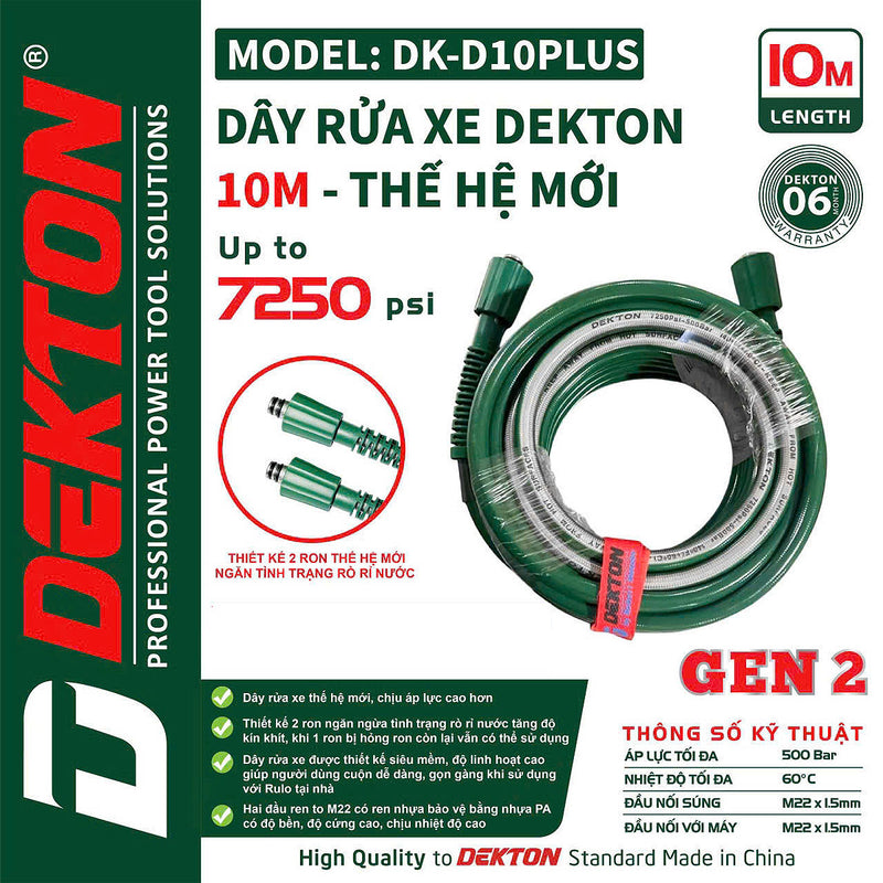 Dây xịt rửa Dekton dài 10 - 20m, chịu áp lực 500bar (7250psi)