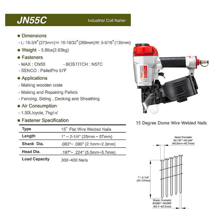 Máy bắn đinh cuộn dùng khí nén JITOOL JN55C, kích thước đinh 25mm - 57mm