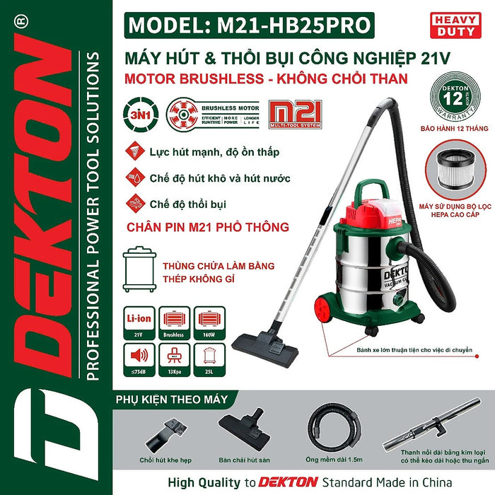 Máy hút bụi đa năng 25L Dekton M21-HB25PRO dùng pin 21V, công suất 160W (Khô/Nước/Thổi)