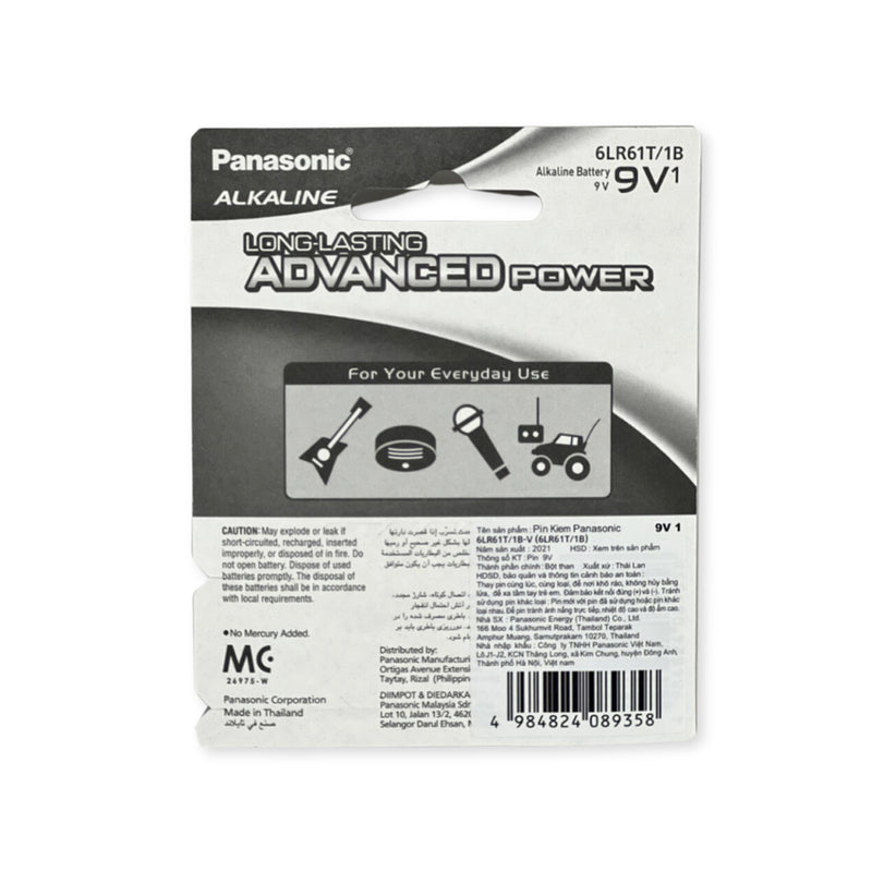 Pin Alkaline 9V Panasonic 6LR61T/1B, chuyên dùng cho ghita điện, micro, chuông báo cháy