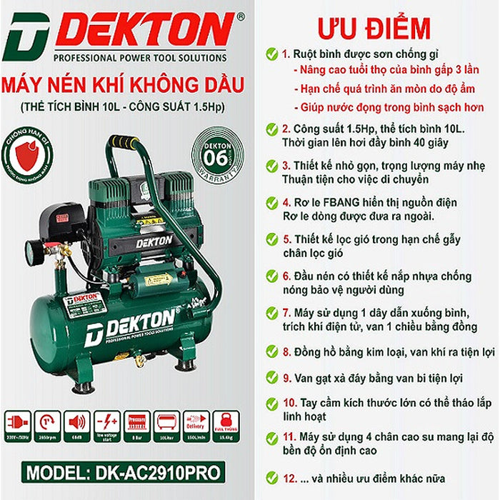 Máy nén khí không dầu Dekton DK-AC2910PRO công suất 1.5HP, dung tích 10L
