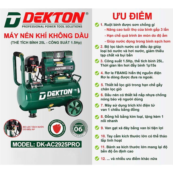 Máy nén khí không dầu Dekton DK-AC2925PRO công suất 1.5HP, dung tích 25L