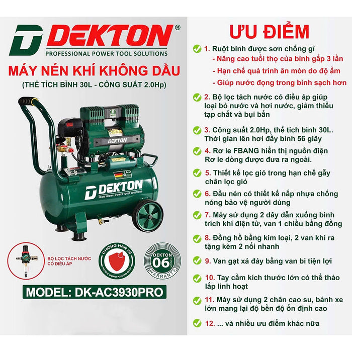 Máy nén khí không dầu Dekton DK-AC3930PRO công suất 2HP, dung tích 30L