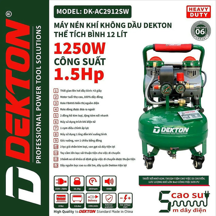 Máy nén khí không dầu Dekton DK-AC2912SW công suất 1.5HP, bình chứa 12L