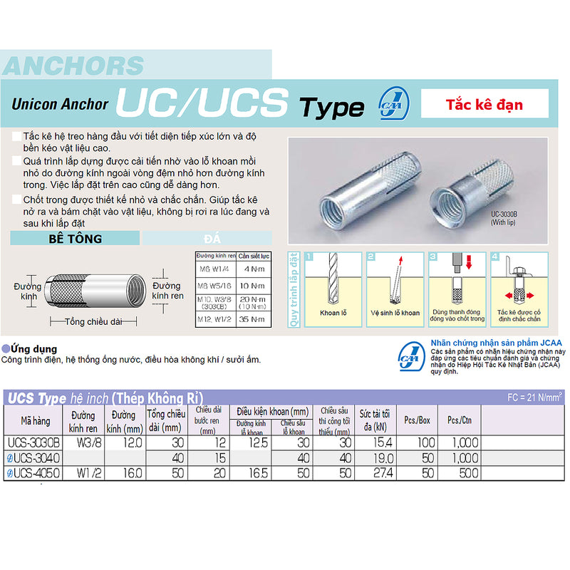 Tắc kê đạn UCS-Type hệ inch Unika, chất liệu thép không gỉ, chuyên dùng cho bê tông và đá. Chứng nhận JCAA