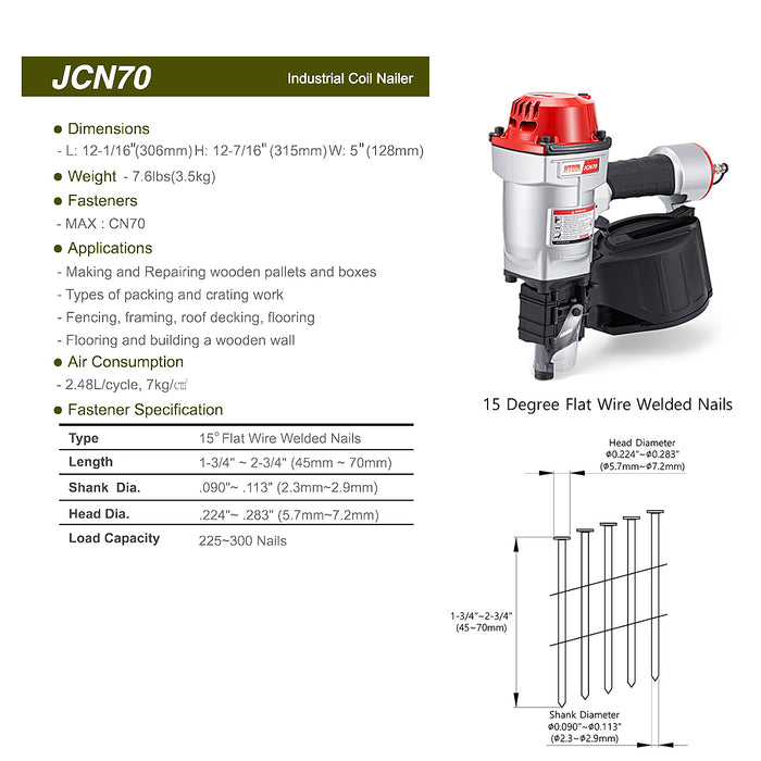Máy bắn đinh cuộn dùng khí nén JITOOL JCN70, kích thước đinh 45mm - 70mm