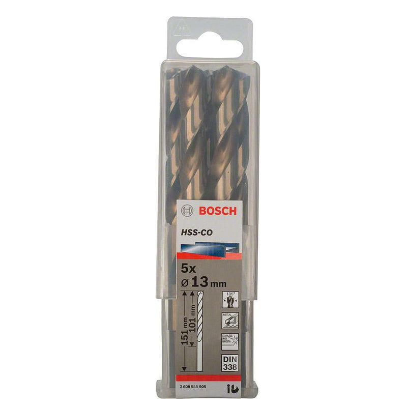 Hộp 5 mũi khoan Inox HSS-Co Bosch đường kính mũi từ 8mm - 13mm, đuôi trơn (Tiêu chuẩn DIN 338)