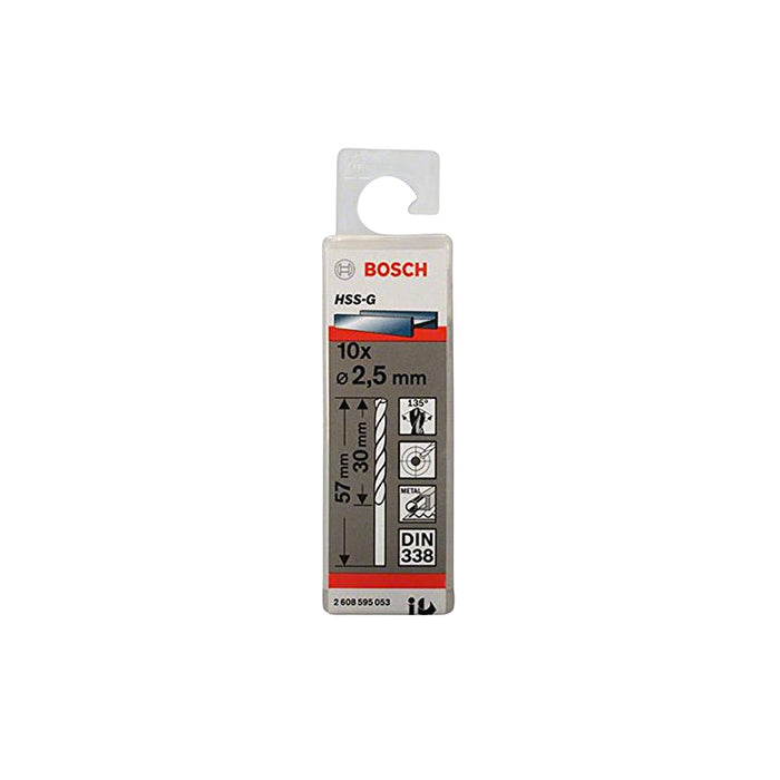 Hộp 10 mũi khoan sắt HSS-G Bosch 2608595053 đường kính 2.5mm, chiều dài 57mm, đuôi trơn (Tiêu chuẩn DIN 338)