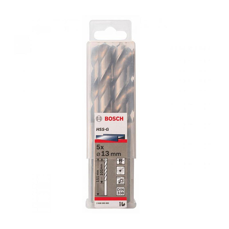 Hộp 5 mũi khoan sắt HSS-G Bosch đường kính mũi từ 8mm - 13mm, đuôi trơn (Tiêu chuẩn DIN 338)