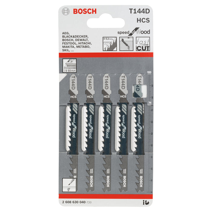 Vỉ 5 lưỡi cưa lọng cắt gỗ nhanh Bosch T144D vật liệu thép HCS, dài 74mm (mã số 2608630040)