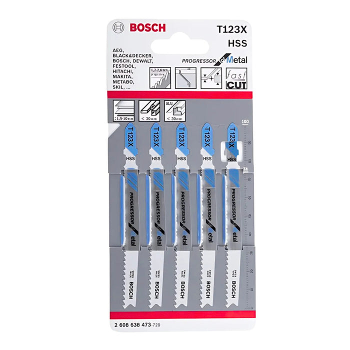 Vỉ 5 lưỡi cưa lọng cắt kim loại Bosch T123X vật liệu thép không gỉ, dài 74mm (mã số 2608638473)