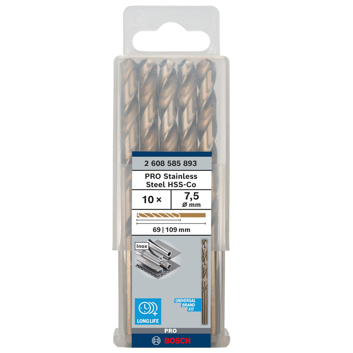 Hộp 10 mũi khoan Inox HSS-Co Bosch đường kính từ 1mm - 7.5mm, đuôi trơn (Tiêu chuẩn DIN 338)