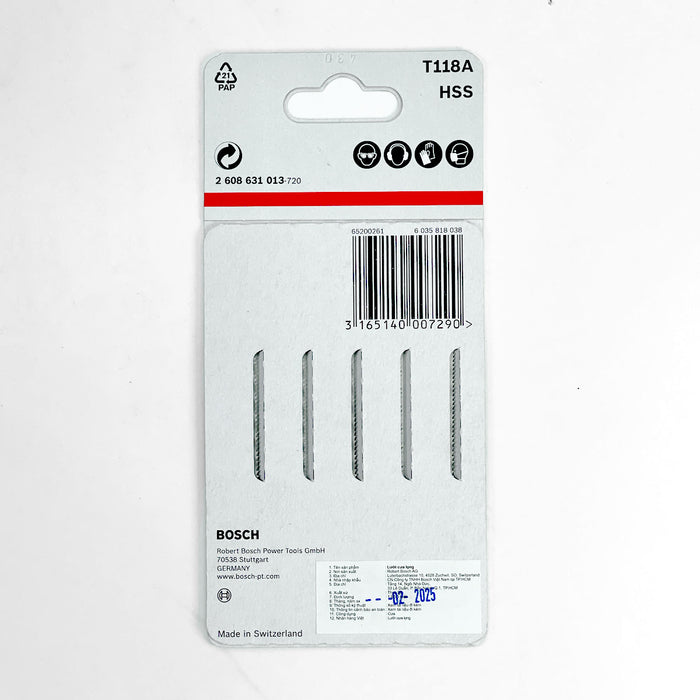 Vỉ 5 lưỡi cưa lọng cắt sắt Bosch T118 vật liệu thép HSS, dài 67mm