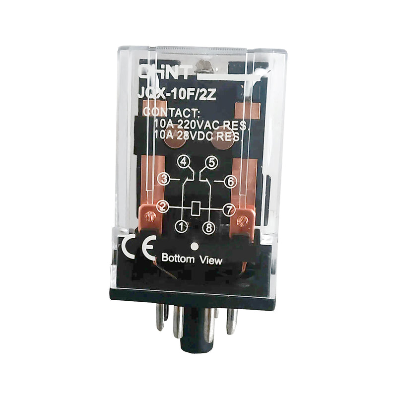Rờ le kiếng chân tròn Chint JQX-10F Series. Kiểu ghim chân đế.  Tải danh định 10A, Điện áp cuộn coil dãi rộng 6V ~ 380V AC/DC. Tiêu chuẩn CE, UL