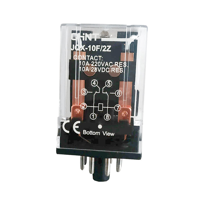 Rờ le kiếng chân tròn Chint JQX-10F Series. Kiểu ghim chân đế.  Tải danh định 10A, Điện áp cuộn coil dãi rộng 6V ~ 380V AC/DC. Tiêu chuẩn CE, UL