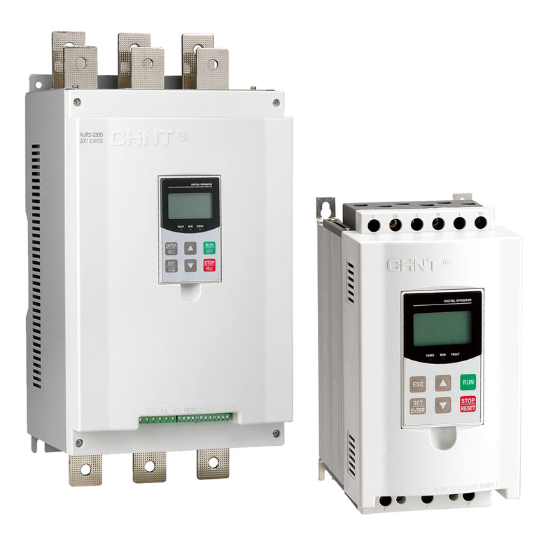 Bộ khởi động mềm Chint NJR2-D Series, External bypass - cần khởi động từ gắn ngoài. Dãy công suất từ 7.5kW ~ 500kW. Tiêu chuẩn CE.