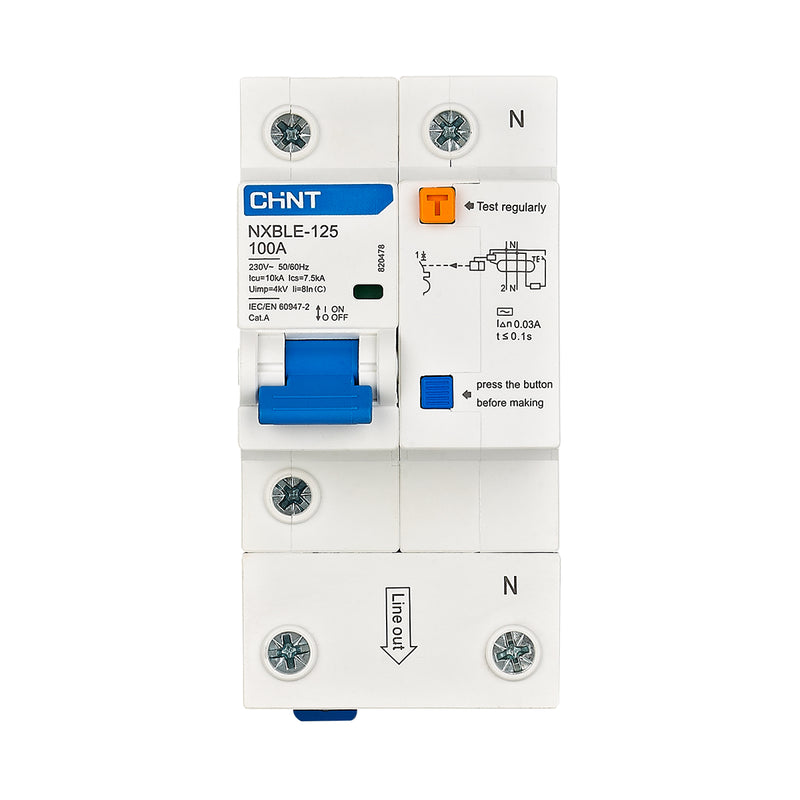 Cầu dao chống giật kết hợp với bảo vệ quá tải, ngắn mạch Chint NXBLE-125 series, tải định mức từ 63A ~ 125A, dòng cắt 10kA, dòng rò từ 30mA ~ 300mA 