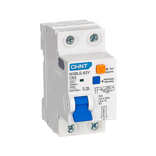 Cầu dao chống giật 1P+N kết hợp với bảo vệ quá tải, ngắn mạch Chint NXBLE-63Y, tải định mức từ 6A ~ 63A, dòng cắt 4.5kA, dòng rò từ 10mA ~ 30mA 