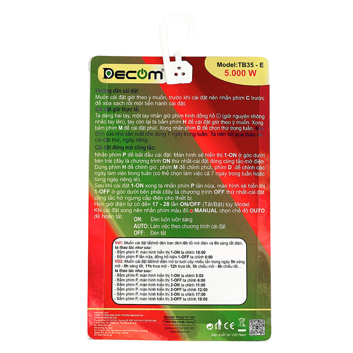 Timer hẹn giờ kỹ thuật số công suất lớn 5000W Decom TB35-E dùng cho đèn đường và mô tơ bơm nước, có 28 chế độ cài đặt On-Off