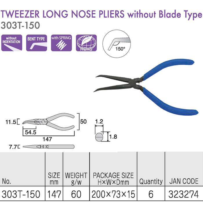 Kìm nhọn mũi cong (Không lưỡi cắt) Fujiya 303T-150, kích thước 147mm. Tiêu chuẩn RoHS