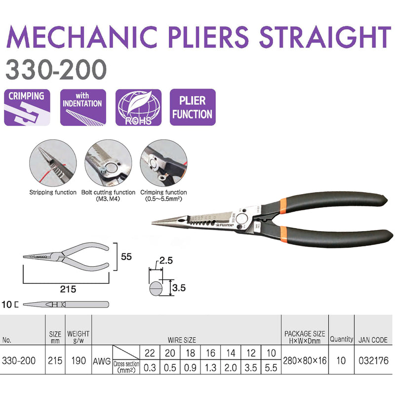 Kìm nhọn đa năng mũi thẳng Fujiya 330-200, kích thước 215mm. Tiêu chuẩn RoHS