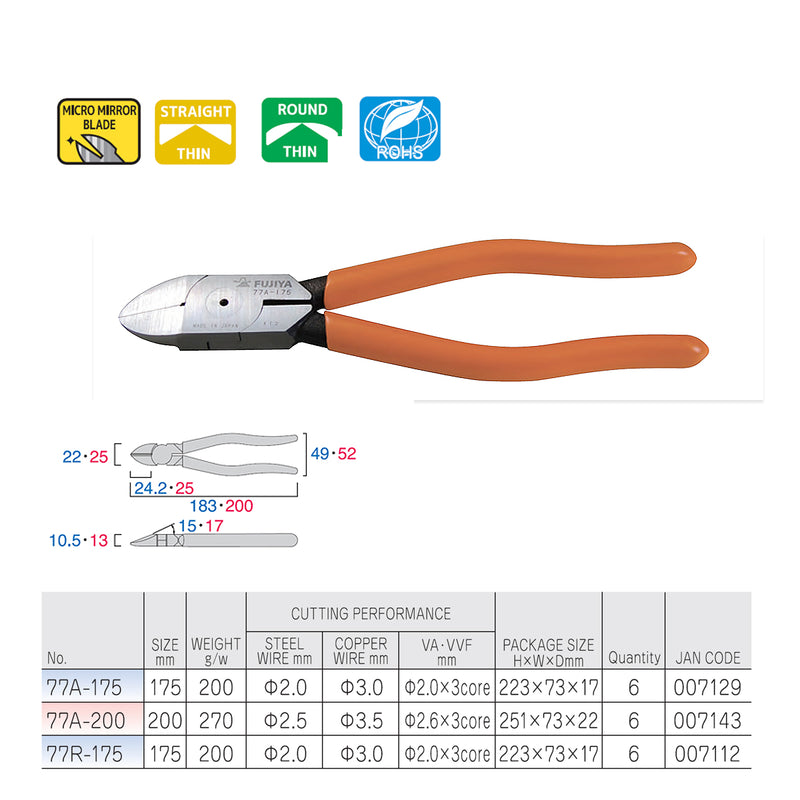 Kìm cắt chéo lưỡi mỏng 200mm (8 inch) Fujiya 77A-200, vật liệu thép hợp kim cao cấp. Tiêu chuẩn RoHS