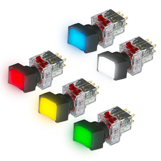 Công tắc nhấn tích hợp đèn báo, mặt chữ nhật viền nhựa Hanyoung Nux DRX-O series, Lỗ khoét Ø16mm