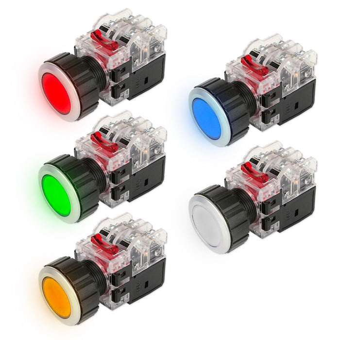 Công tắc nhấn tích hợp đèn báo, viền nhôm Hanyoung Nux MRX-A series, Lỗ khoét Ø30mm. Tiêu chuẩn CE, KC