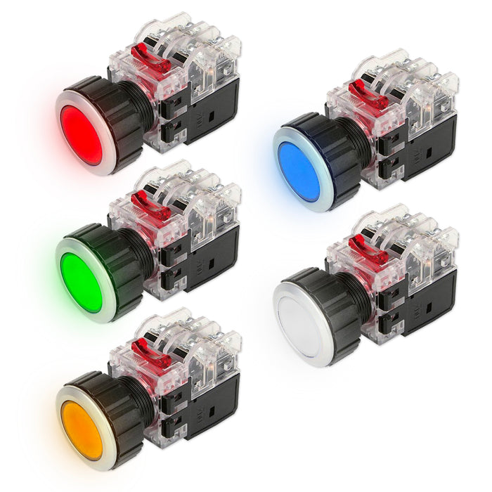 Công tắc nhấn tích hợp đèn báo, viền nhôm Hanyoung Nux MRX-N series, Lỗ khoét Ø25mm. Tiêu chuẩn CE, KC