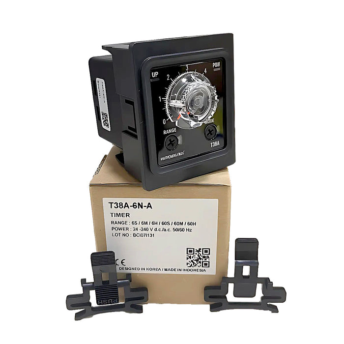 Bộ định thời gian Analog thân nhỏ Hanyoung Nux T38A Series. Socket 8 chân tròn, 38.4mm x 42.4mm. Tiêu chuẩn CE