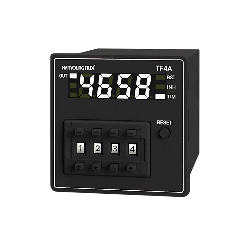 Relay thời gian màn hình LCD Hanyoung Nux TF4A Series. Socket 8 chân tròn. Kích thước 48mm x 48mm.