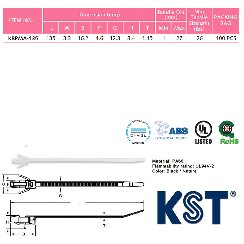 Dây rút KST KRPMA-135 nhét lổ cố định lẫy dài, có thể tháo dây, dài 135mm, bản rộng 3.3mm