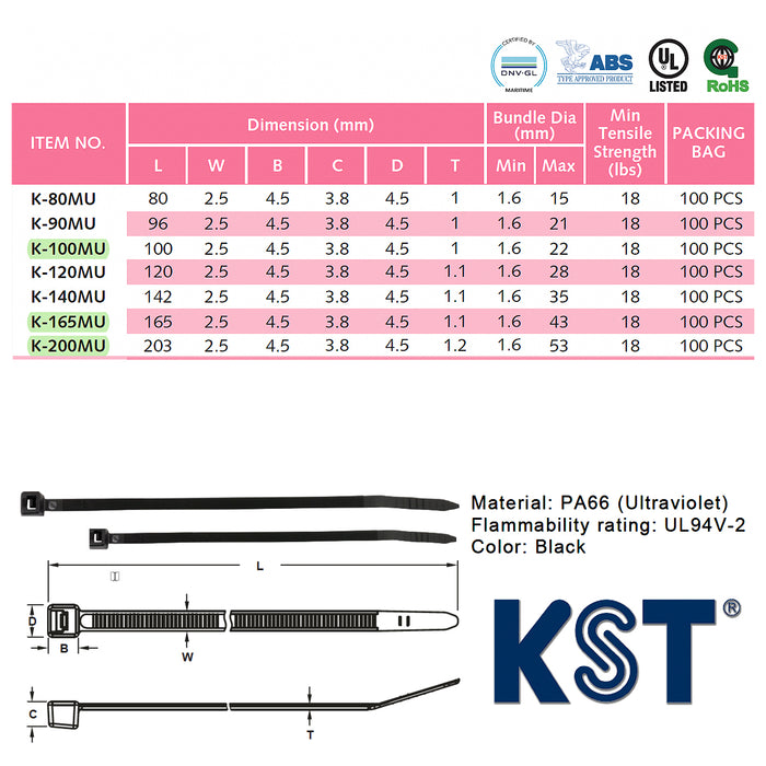 Dây rút nhựa đen KST cao cấp chống tia UV và chịu thời tiết khắc nghiệt, tiêu chuẩn quốc tế, dài 80mm - 200mm, bản mỏng 2.5mm (Size M)